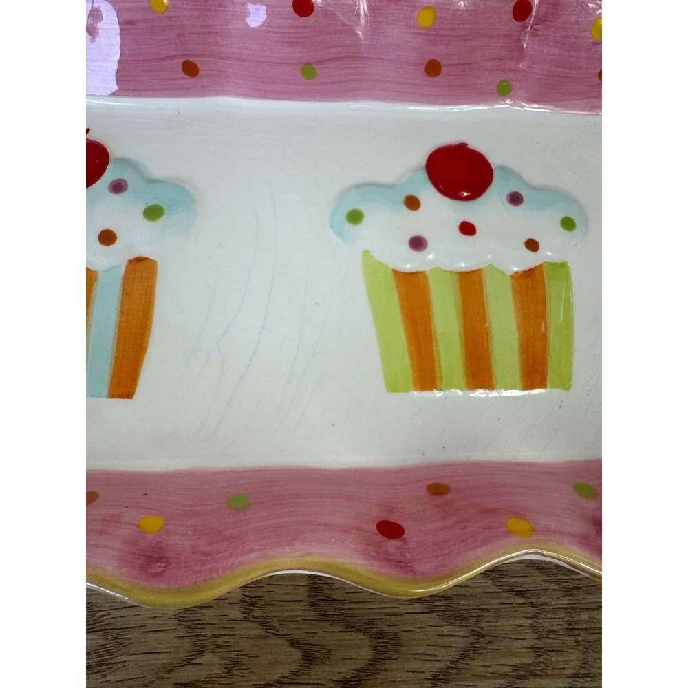 Cupcake Collection by Joy Serving Tray Pink White Polka Dot Ceramic Platter
